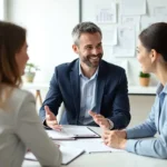 Financial advisor discussing retirement planning strategies with a client at a desk, reviewing long-term savings and future income goals.