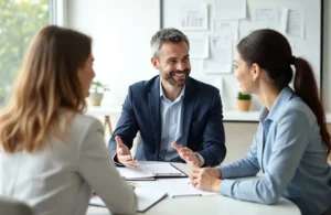 Financial advisor discussing retirement planning strategies with a client at a desk, reviewing long-term savings and future income goals.